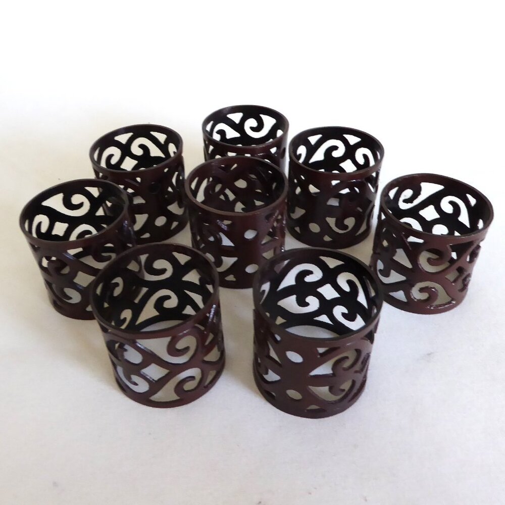 NEW BRONZE METAL NAPKIN RING SET FORMAL SCROLL SWIRL DESIGN (SET OF 8)